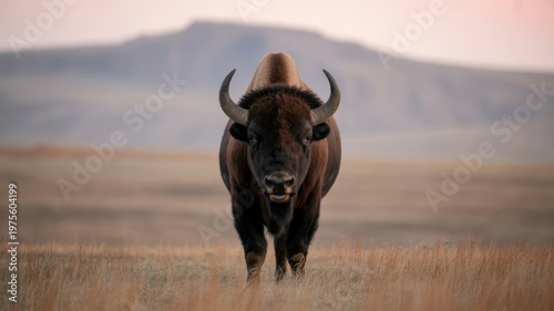 Majestic American Bison Standing in Golden Prairie at Sunrise
