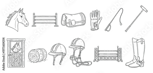Equestrian sport accessories set featuring horse head, riding gear, stable equipment, and jumping obstacles for professional training and hobby activities