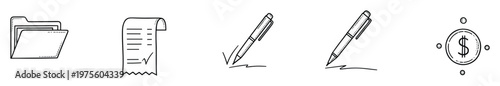Outline hand drawn icons depicting essential business and financial activities like document organization, receipt processing, contract signing, and money transactions for corporate use and