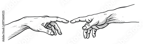 Two human hands reaching towards each other with index fingers nearly touching, symbolizing connection, collaboration, or a divine spark, suitable for themes of partnership and beginning