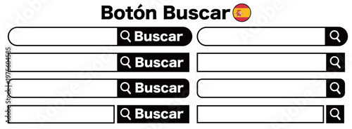 Barra de búsqueda en español con icono de lupa, Botón Buscar, Ilustración vectorial