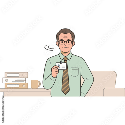 A man in glasses and a tie holds an ID card while standing in an office.