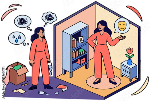 Two women discuss emotions in a cluttered room with books and boxes
