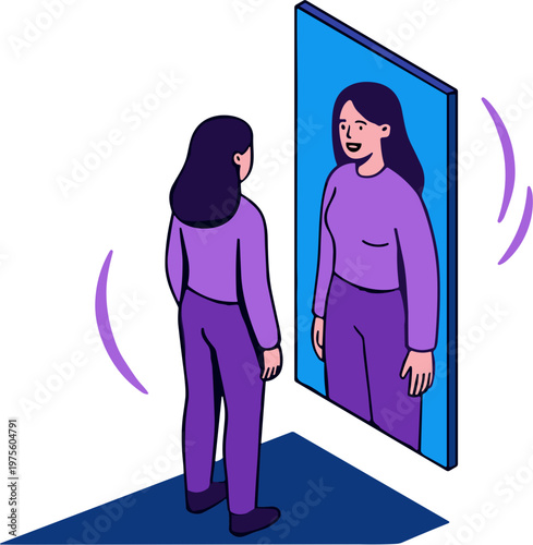Woman looks shocked at her reflection in a large mirror indoors