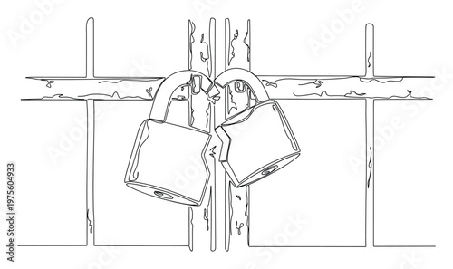 Single line black graphic drawing of two security padlocks, with one lock appearing broken or open, symbolizing freedom, challenge, or breach, perfect for conceptual visual communication.