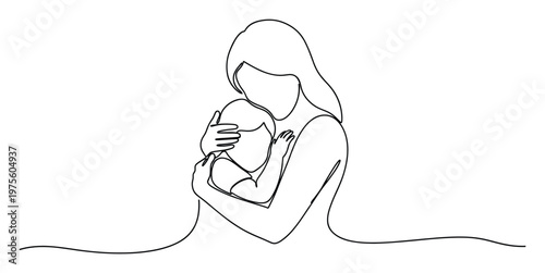Simple continuous line art drawing depicting a tender mother embracing her baby, symbolizing nurturing care and unconditional family love, ideal for maternity and parenthood themed