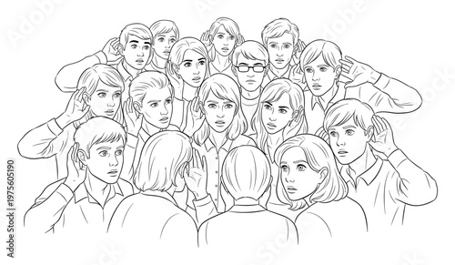 A large group of attentive young adults with hands cupped behind their ears, demonstrating intense listening and concentrated effort to understand important news or information, perfect for