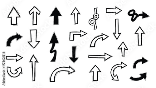 Dynamic collection of hand drawn arrows in a sketchy doodle style offering versatile pointing directions and navigational indicators for diverse graphic projects and user interface emphasis