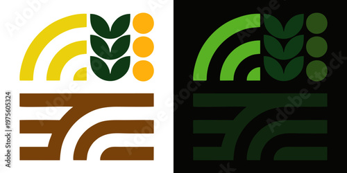 Modern smarth agricultural logo or farm logo with leaf, sun, sand and arc design in green and yellow