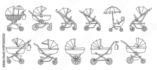 Comprehensive collection of baby strollers, buggies, and prams in detailed line art, ideal for illustrating childcare topics, product catalogs, and familyoriented publications