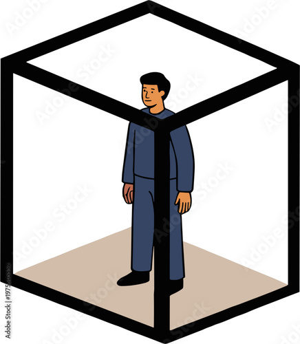 A man stands trapped inside a large cube structure alone.