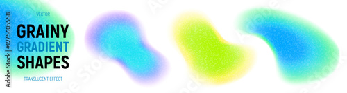 Set of dynamic grainy gradient shapes. Vibrant vector shapes with blur edges, iridescent gradient and grainy texture. Bright acid neon gradient shapes isolated on light background.