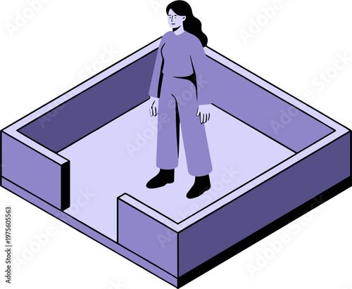 Woman stands alone in a large purple square box structure indoors