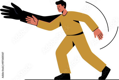 Man runs with black cape flowing behind him in dynamic motion