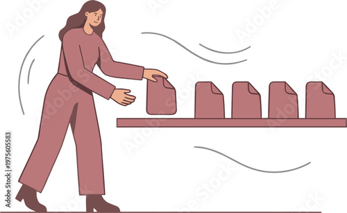 A woman in a pink outfit places a bag on a shelf with other bags in an indoor setting.