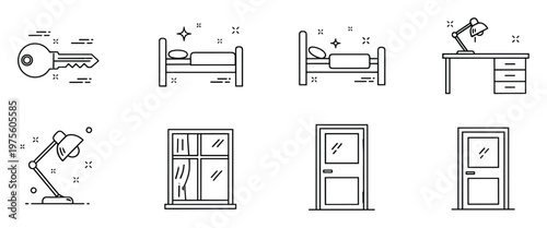 Vector line icons illustrating essential home and room items including a key, bed, desk, lamp, window, and door, useful for housing, real estate, and hospitality related graphic