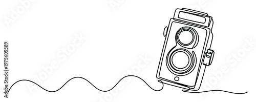 A single unbroken line drawing of a classic twin lens reflex camera featuring a dynamic wavy cord, perfect for photography enthusiasts and visual media projects.