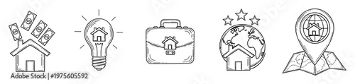 Doodle real estate icons collection depicting property investment ideas smart home solutions business opportunities global market and finding house locations for various financial and