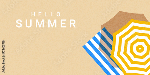 Hello summer! Summer beach vector illustration, with an umbrella and towel on the sand, viewed from above. A destination for travel, relaxation, and recreation.