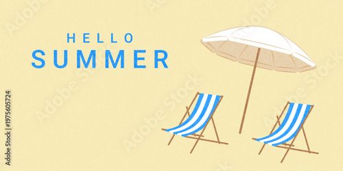 Hello summer! Summer vector illustration of a beach, umbrella, and striped chairs on the sand. A destination for travel, relaxation, and recreation.