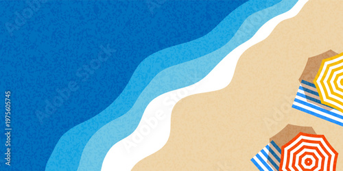 Summer beach vector illustration, beach umbrellas and towels on the sand, aerial view. Destinations for travel, recreation, and relaxation. Sea or ocean, waves near the shore.