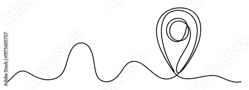 Minimalist continuous line drawing depicting a dynamic journey path culminating in a distinct location pin, perfect for symbolizing travel routes, navigation, and geographical points of