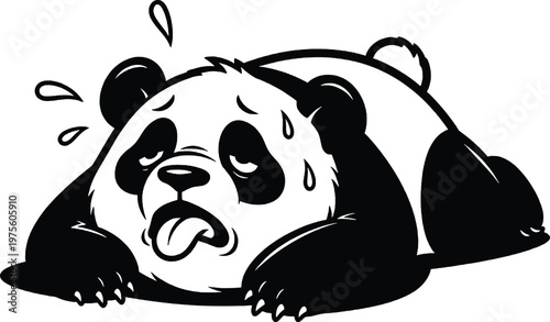 Overheating panda bear lying down exhausted with worn out