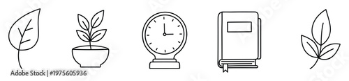 Versatile line art vector set including leaf, potted plant, clock, and book symbols, ideal for educational resources, nature projects, or scheduling applications.