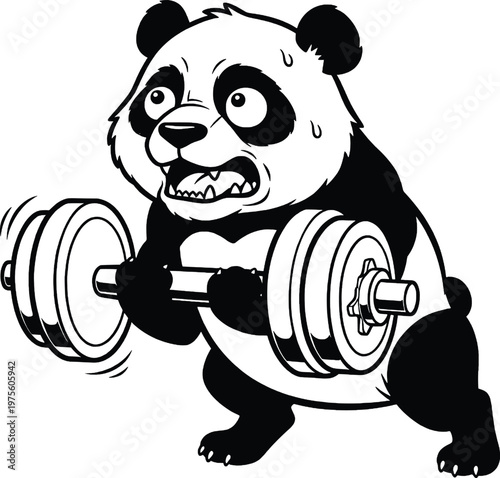 Struggling panda lifting weights illustration