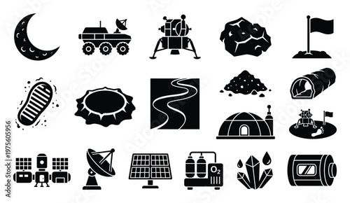 Collection of space exploration icons depicting lunar rovers, landers, and future human settlements for science, technology, and celestial research presentations