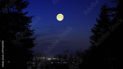 Full Moon, stars and planets above landscape silhouettes.