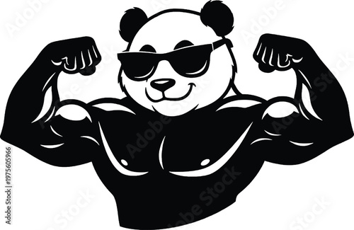 Strong panda bodybuilder flexing biceps wearing sunglasses