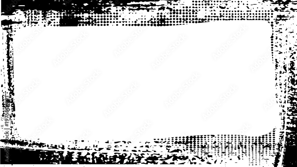 Obraz premium Black Ink Frame Border with Worn Texture Overlay. Halftone Pattern Frame with Grunge Texture