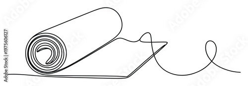 Continuous line drawing of a rolled yoga mat slowly unrolling across a horizontal surface representing health and wellness for fitness studio promotions or active lifestyle blogs