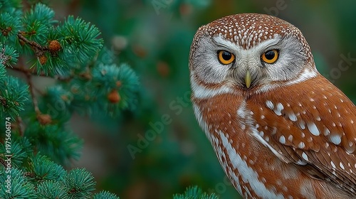 Close-up of an owl with piercing yellow eyes amidst evergreen branches