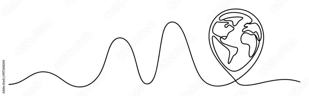 Fototapeta premium Continuous black line drawing forming a wavy path leading to a detailed globe symbolizing global connection and environmental awareness perfect for educational or corporate presentations