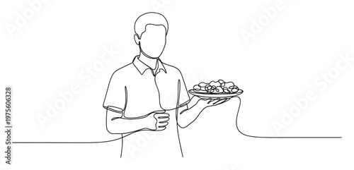Single line art of a man holding a plate of prepared food, excellent for food service advertisements, chef branding, or recipe blog visuals and engaging social media content.