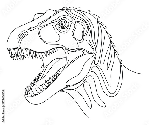 Ferocious dinosaur head with jaw open and sharp teeth depicted in an elegant continuous line for engaging educational content, thrilling event promotions, and unique merchandise