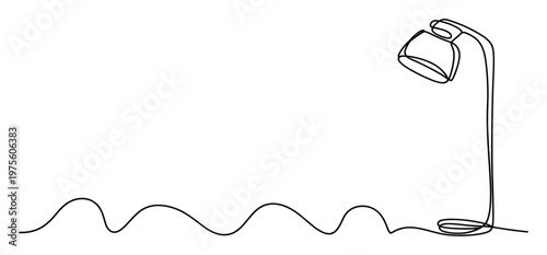 Continuous single line drawing of a modern floor lamp with a simple wavy abstract base, perfect for minimalist interior decor, lighting concepts, or home furnishing websites.