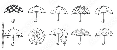 Collection of handdrawn umbrella illustrations with various designs perfect for weather forecasts seasonal themes or graphic resources