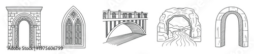 A collection of various architectural and natural archways and tunnels presented in a classic black and white line art style perfect for historical design projects or educational