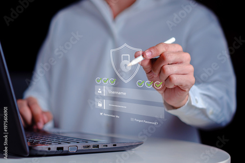 Cybersecurity authentication user verifying secure login digital identity protection, password validation, data privacy, secure access interface, network security and online account protection
