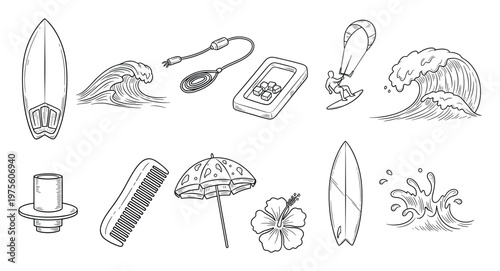 Hand drawn outlines of summer beach essentials like surfboards, waves, a kitesurfer, a tropical flower, and various vacation accessories useful for holiday themed promotions or resort