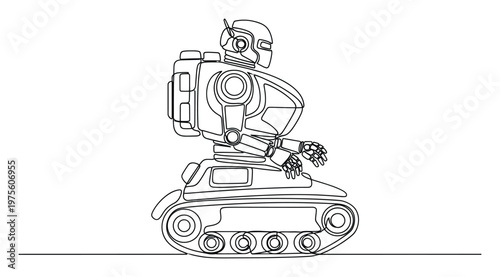 Continuous line drawing of a futuristic tracked robot with mechanical components representing advanced automation and innovation for modern technology and engineering graphics