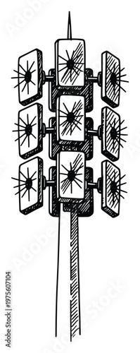 Hand drawn sketch of a modern communication tower with multiple square antennas representing global connectivity and data transmission for telecommunications and network infrastructure
