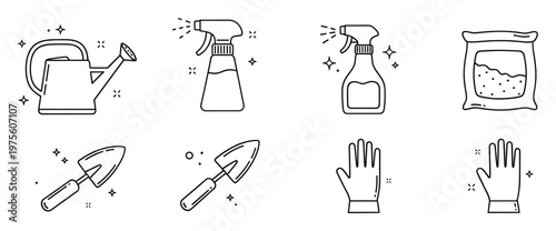 Essential gardening tools and supplies presented as simple black line icons perfect for agriculture themed applications, website interfaces, and nature related infographics