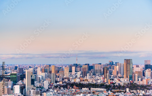 фотографія High angle view of tokyo city skyline at twilight with tokyo skytree in the distance