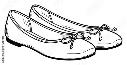 Stylish black and white outline drawing of classic womens ballet flats with bows, perfect for footwear retail promotions or childrens coloring book pages.