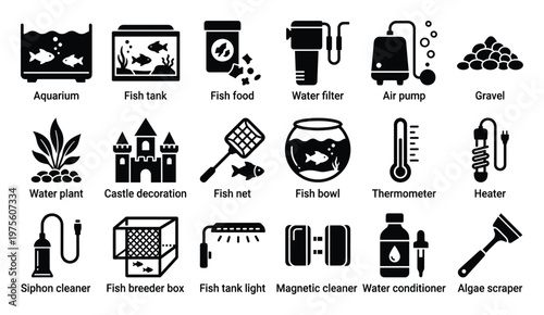 A comprehensive collection of aquarium fish tank equipment and fish care supply icons perfect for pet store graphics educational materials and home aquarium hobbyist resources