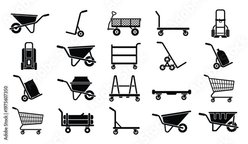 Diverse collection of utility carts, trolleys, and wheelbarrows for various material handling needs, perfect as graphic resources for logistics, construction, gardening, and retail